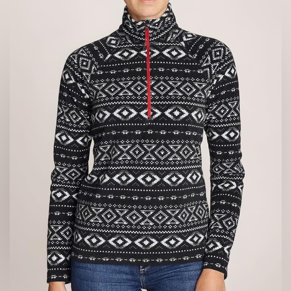 Eddie Bauer Tops - Eddie Bauer Large Fair Isle Fleece Pullover Quest Black White 1/4 Zip Cabin Warm